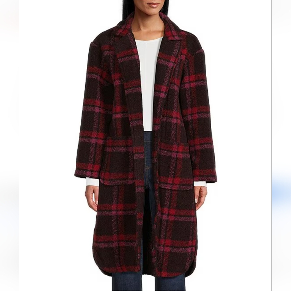 Westbound Plaid Collar Long Sleeve Open Front Dual Pocket Women's Coat P…